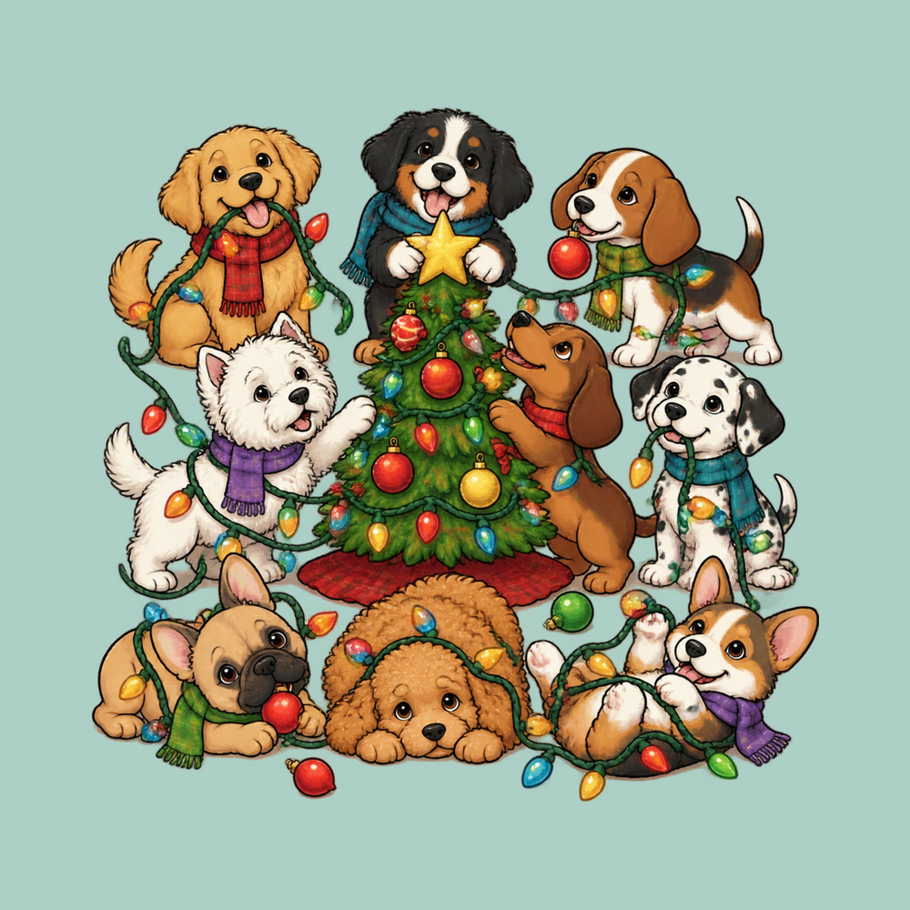 Festive Puppies Decorating Christmas Tree Dog Christmas Tree Shirt