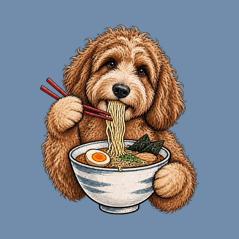 Labradoodle Eating Ramen Bowl Ramen Lover Tee Funny Dog Art Shirt