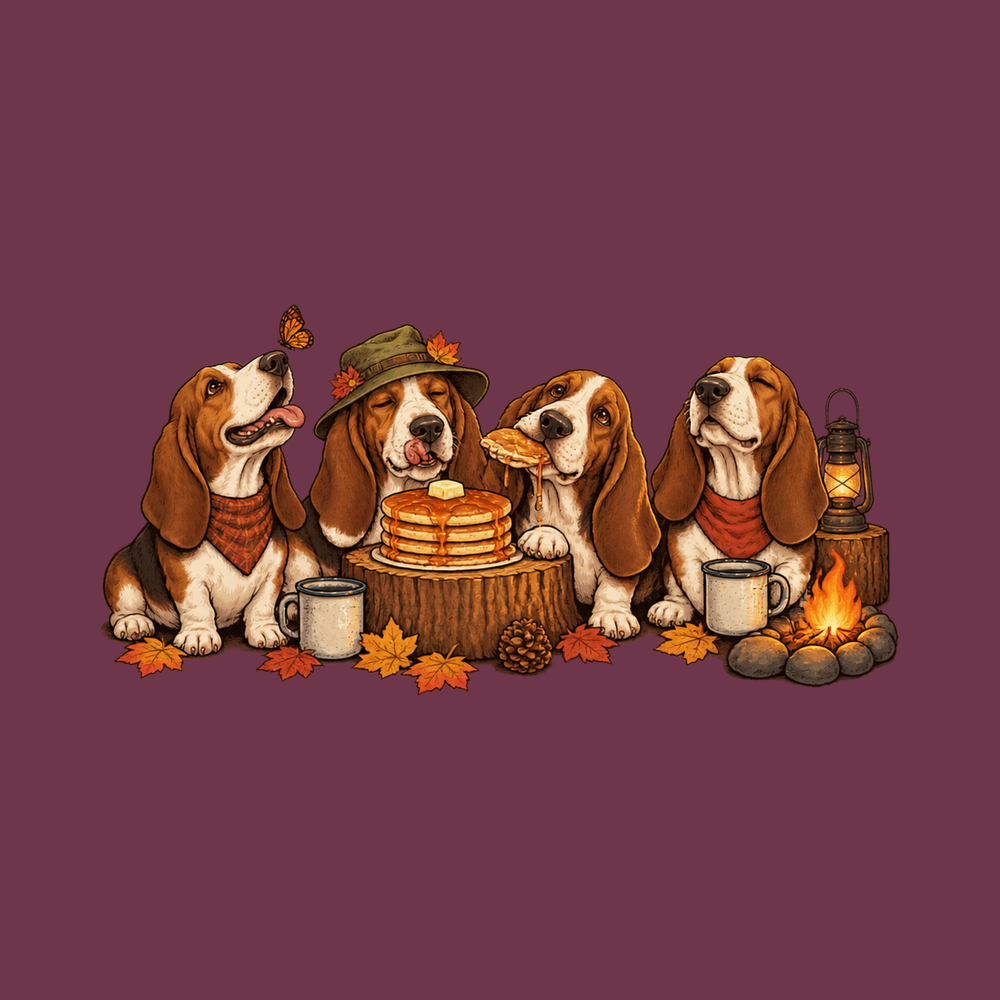 Basset Hounds Fall Camping Breakfast Vintage T-Shirt