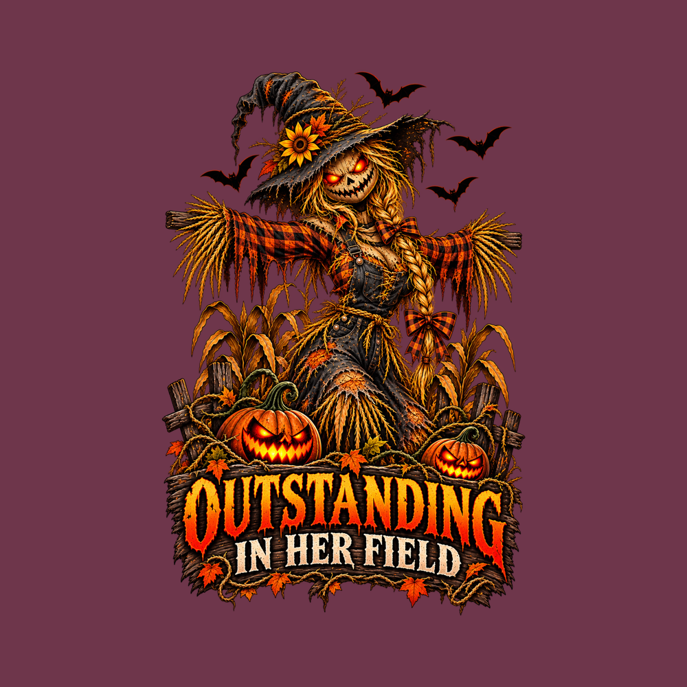 Scarecrow Outstanding In Her Field Fall Graphic Halloween Tee Women