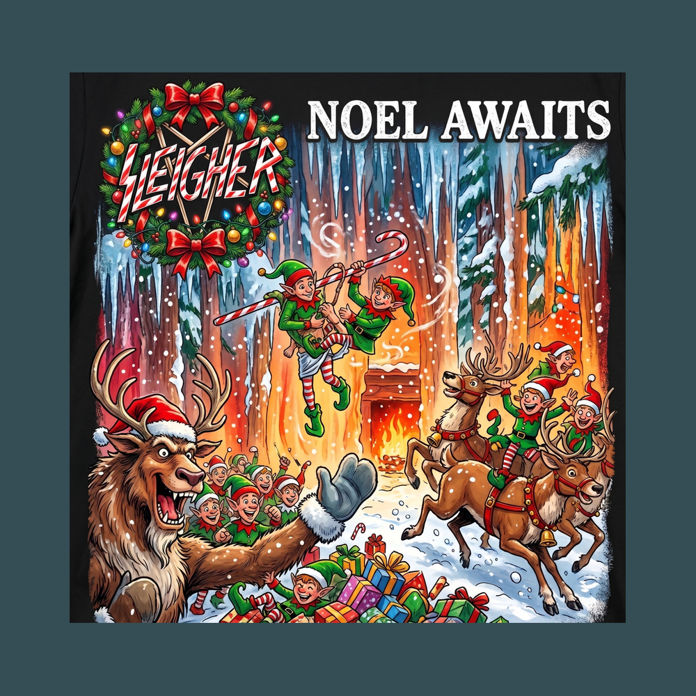 Sleigher Noel Awaits Reindeer Chaos Metal Christmas Shirt