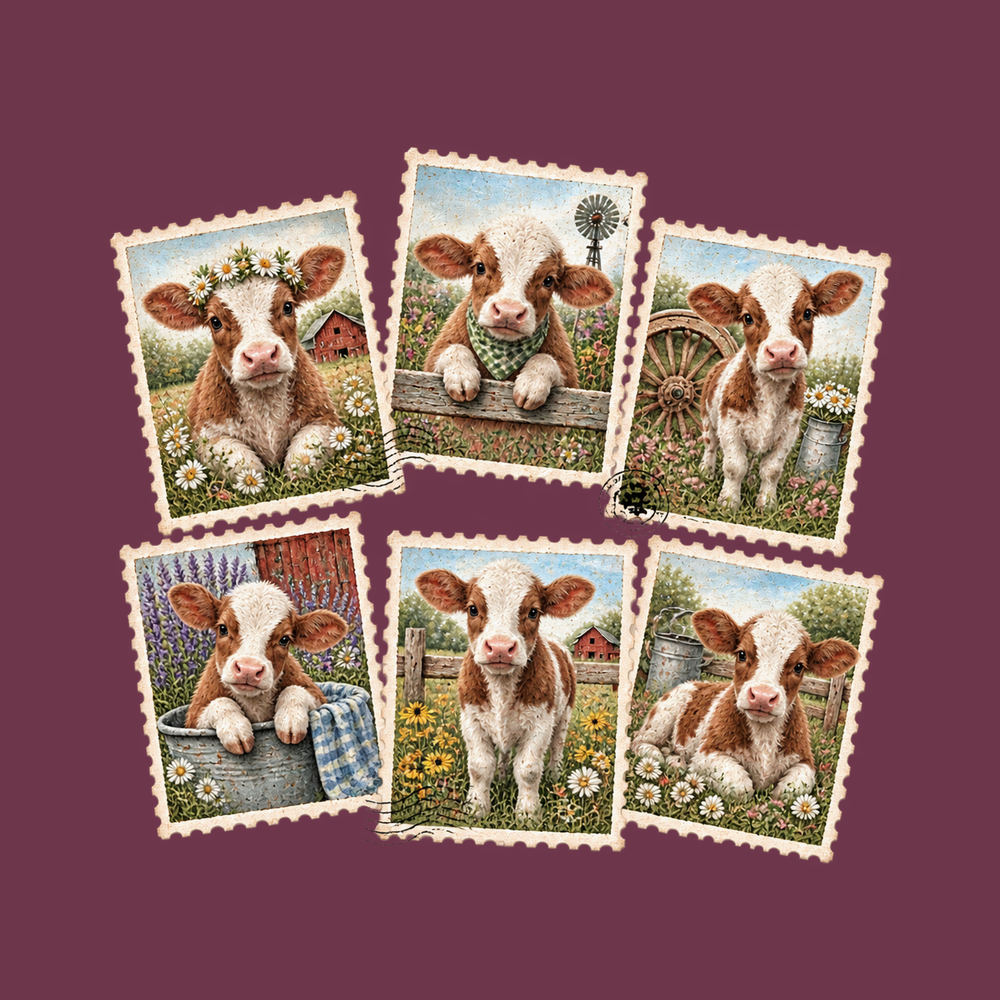 Vintage Postage Stamp Cows Shirt - Rustic Farm Girl Cow Lover Tee