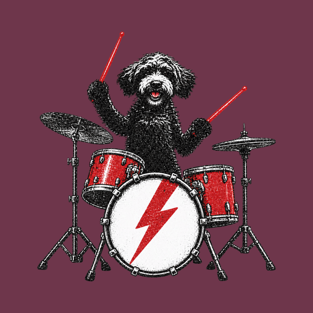 Black Doodle Rocker Drummer Shirt - Funny Rock Dog Music Lover Gift
