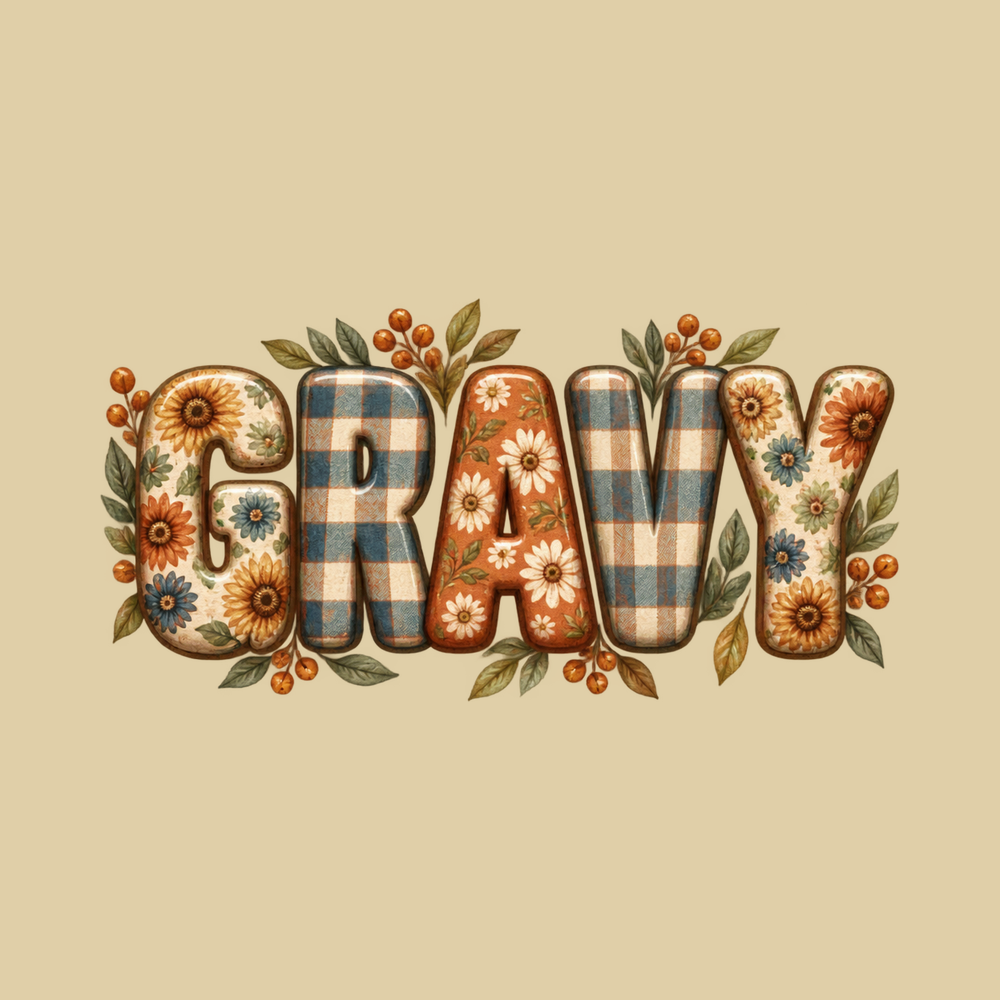 Floral Plaid Gravy Lettering Retro Autumn Thanksgiving Food Tee